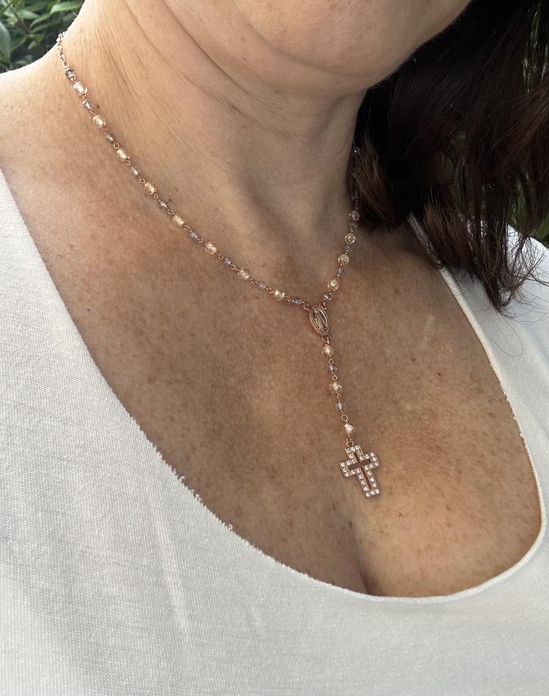 Necklace with cross, champagne zircons and gray Labradorite