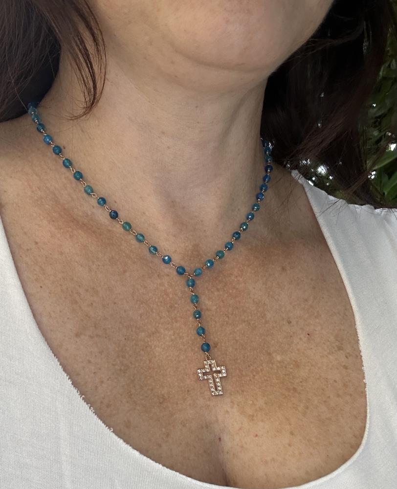 Necklace with cross and light blue agates